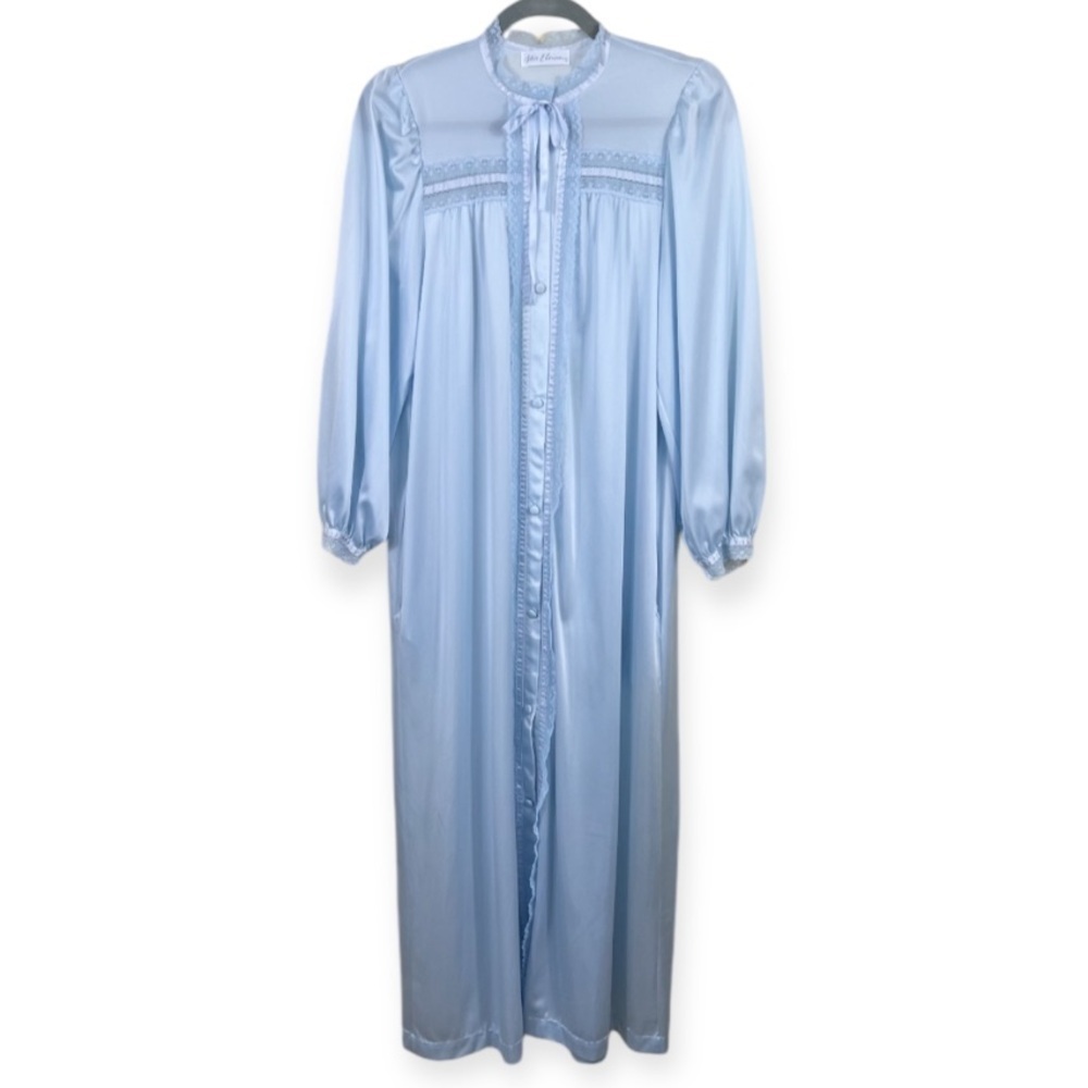 Miss Elaine Vintage 80’s Peignoir Robe Ribbon Lace Long Sleeve Blue S